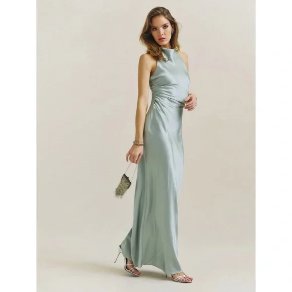 Reformation Anaiis Silk Dress in Aquamarine - Picture 2 of 11